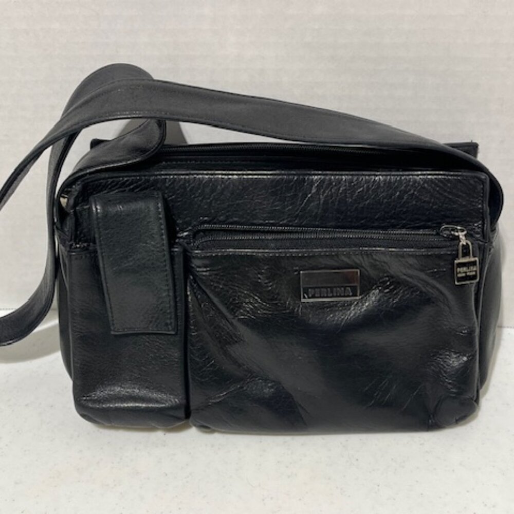 VTG Perlina New York Designer Soft Black Leather Shoulder Bag Handbag Zip